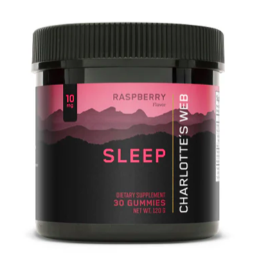 Awaken for Wellness Charlotte's Web 30 count Charlotte's Web Sleep CBD Gummies with 10mg CBD and 3mg melatonin per serving, natural raspberry flavor, supports restorative sleep and regular sleep cycles.