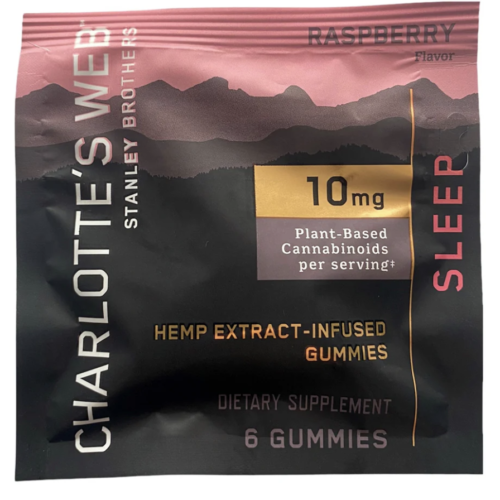 Awaken for Wellness Charlotte's Web 6 count Charlotte's Web Sleep CBD Gummies with 10mg CBD and 3mg melatonin per serving, natural raspberry flavor, supports restorative sleep and regular sleep cycles.