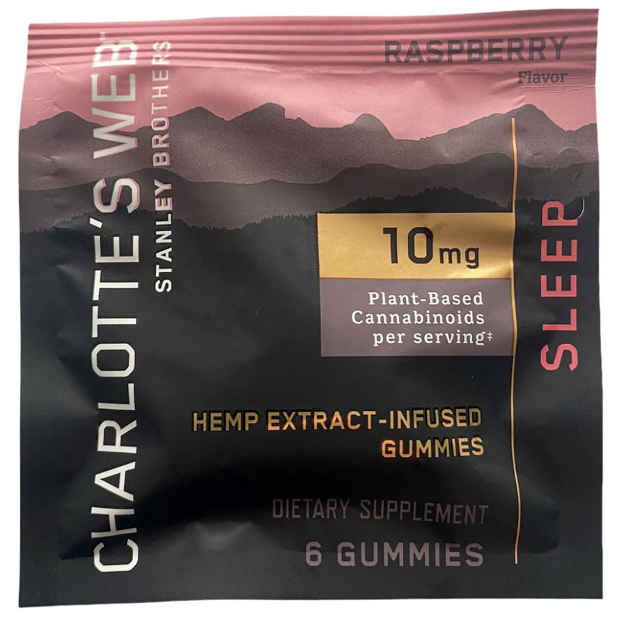 Awaken for Wellness Charlotte's Web 6 count Charlotte's Web Sleep CBD Gummies with 10mg CBD and 3mg melatonin per serving, natural raspberry flavor, supports restorative sleep and regular sleep cycles.