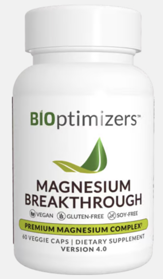 BIOptimizers Magnesium Breakthrough 7-in-1 supplement bottle for better sleep, stress relief, and performance.