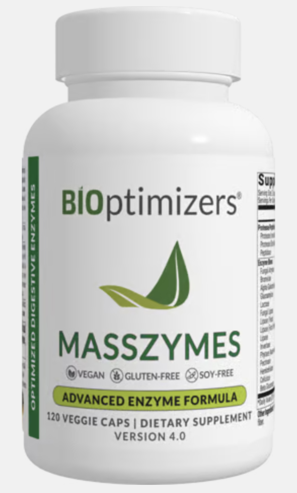 MassZymes full-spectrum digestive enzyme supplement by BIOptimizers, supporting digestion, energy, and muscle recovery